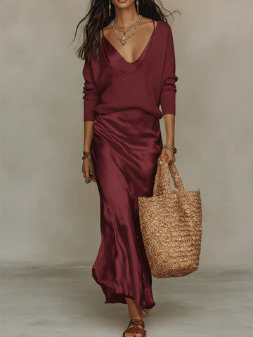 Completo Midi In Raso Con Maglione In Maglia Elegante