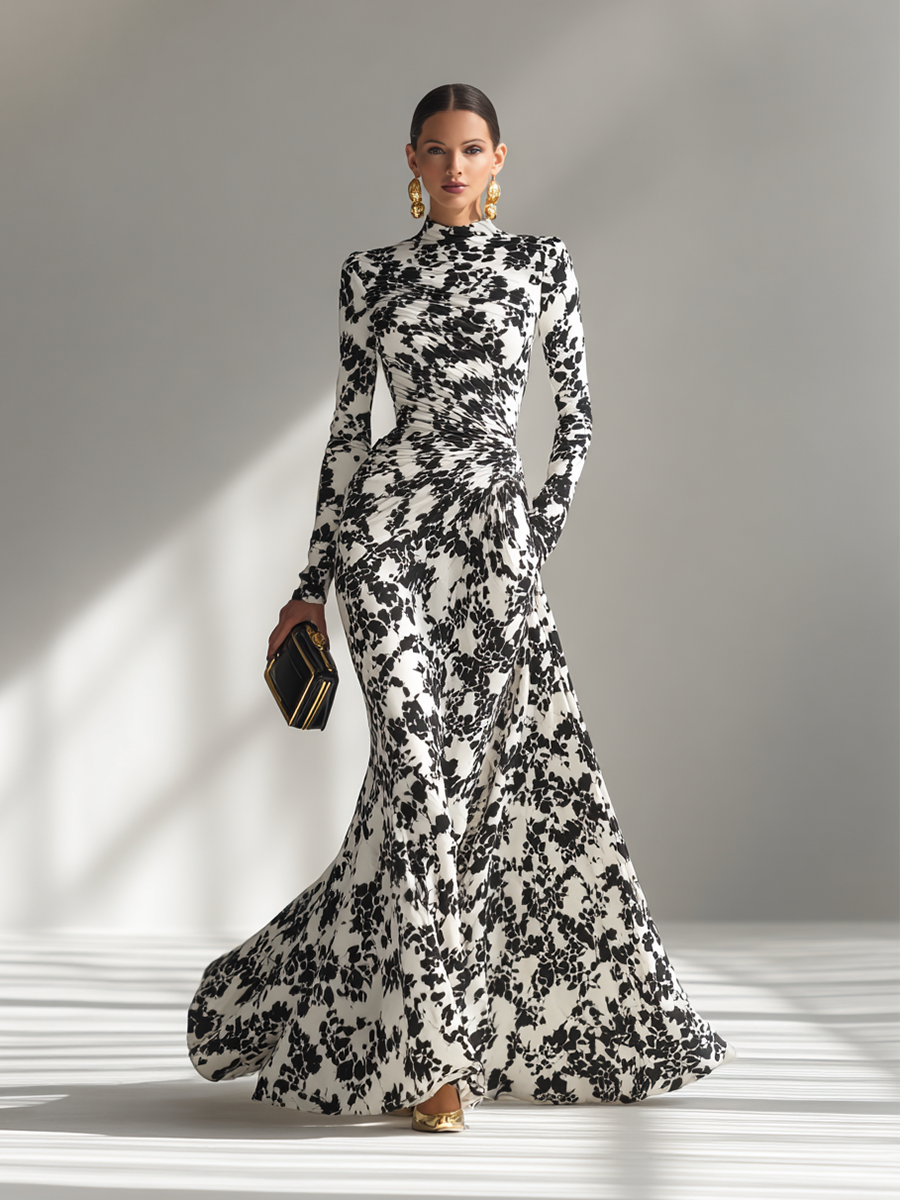 Vestito Maxi Elegante a Fiori Collo Alto Maniche Lunghe