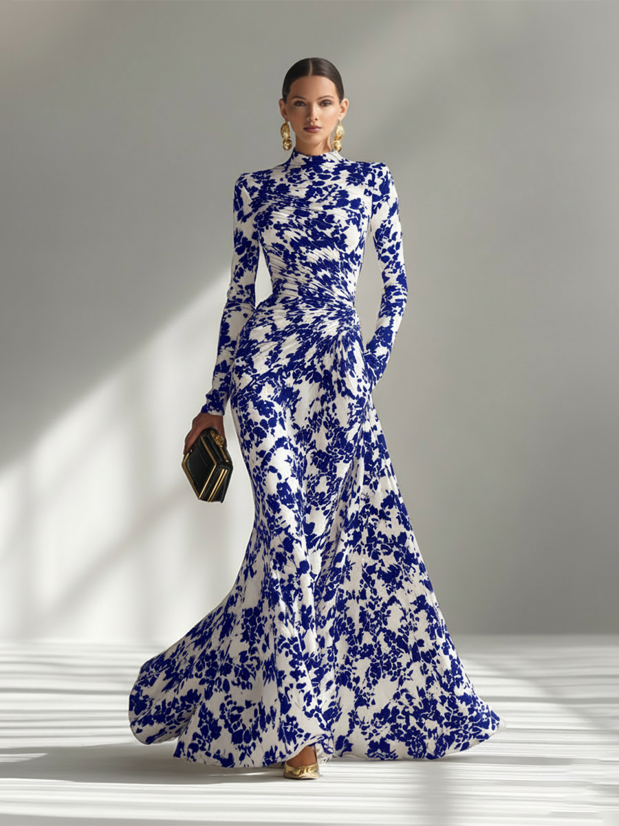 Vestito Maxi Elegante a Fiori Collo Alto Maniche Lunghe