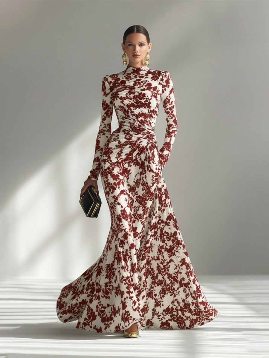 Vestito Maxi Elegante a Fiori Collo Alto Maniche Lunghe