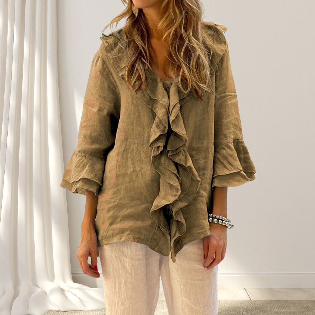 Blusa Lino Cotone con Volants Manica 3/4 Elegante