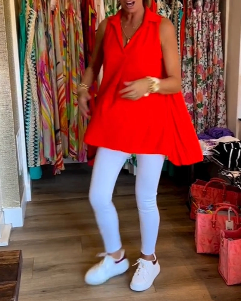 Blusa Sin Mangas Con Volantes y Cuello Solapa