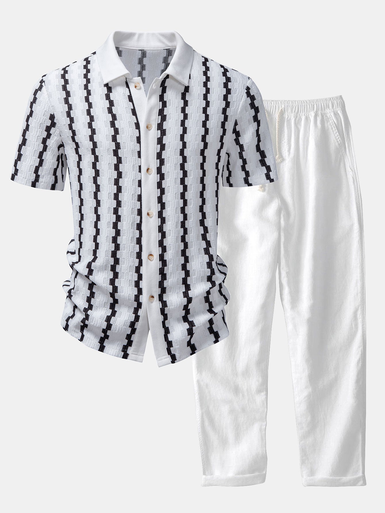 Completo Camicia Jacquard a Quadri e Pantaloni Lino