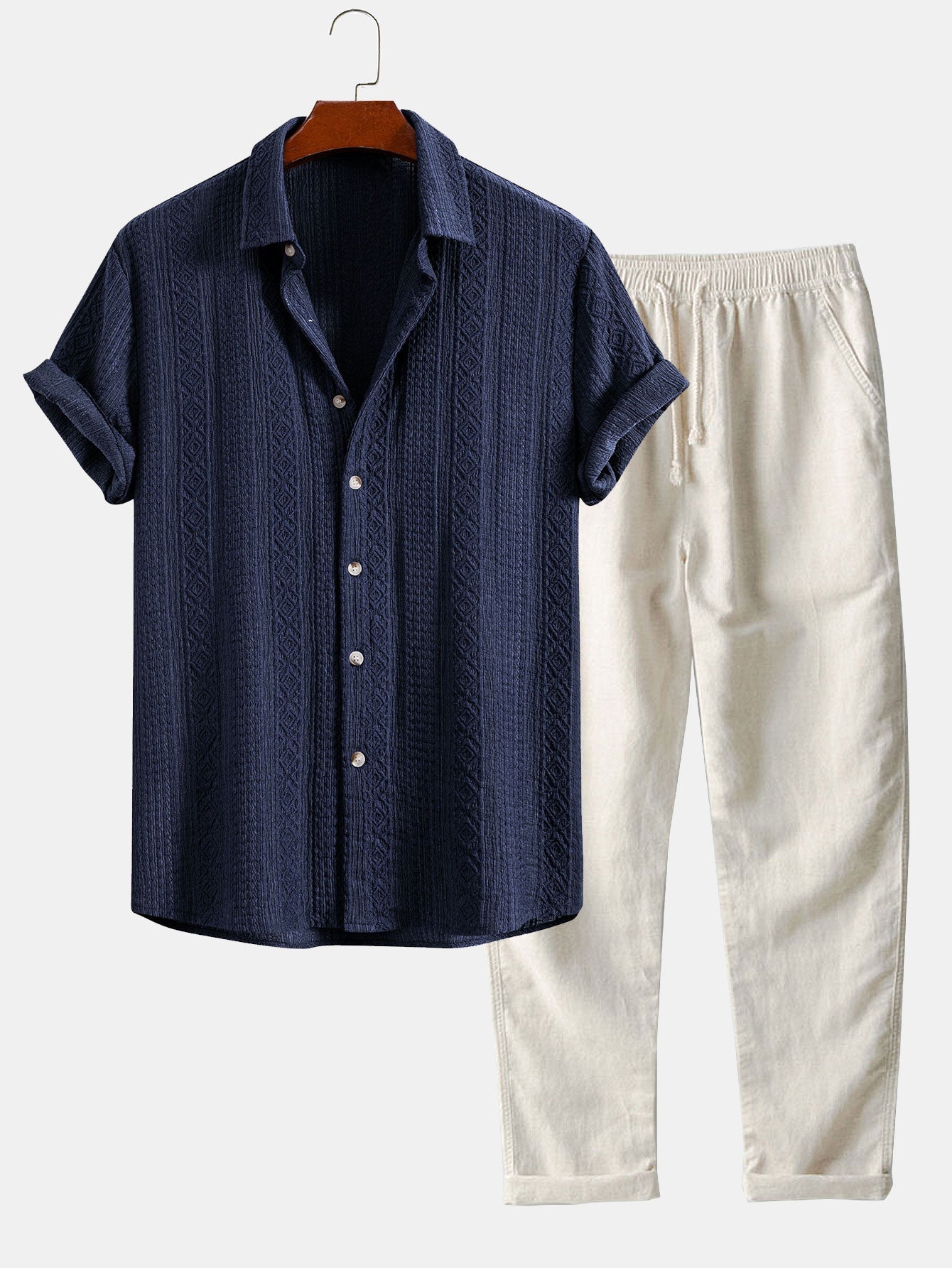 Completo Camicia Jacquard Geometrica e Pantaloni in Lino