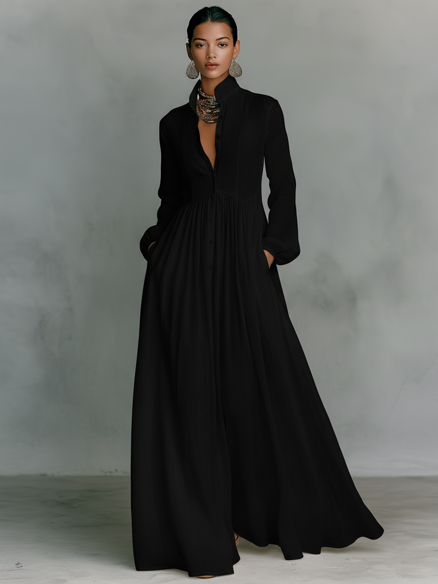 Vestito Maxi Cotone E Lino Con Collo Alto Minimal