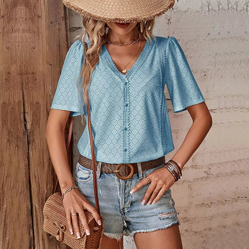 Blusa Donna A Manica Corta Con Scollo A V Elegante