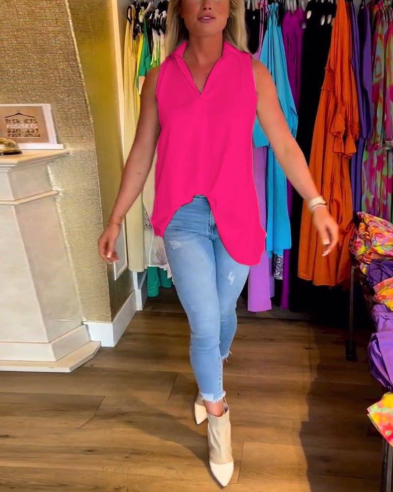 Blusa Sin Mangas Con Volantes y Cuello Solapa