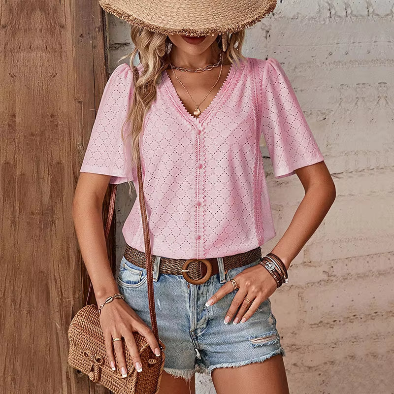 Blusa Donna A Manica Corta Con Scollo A V Elegante