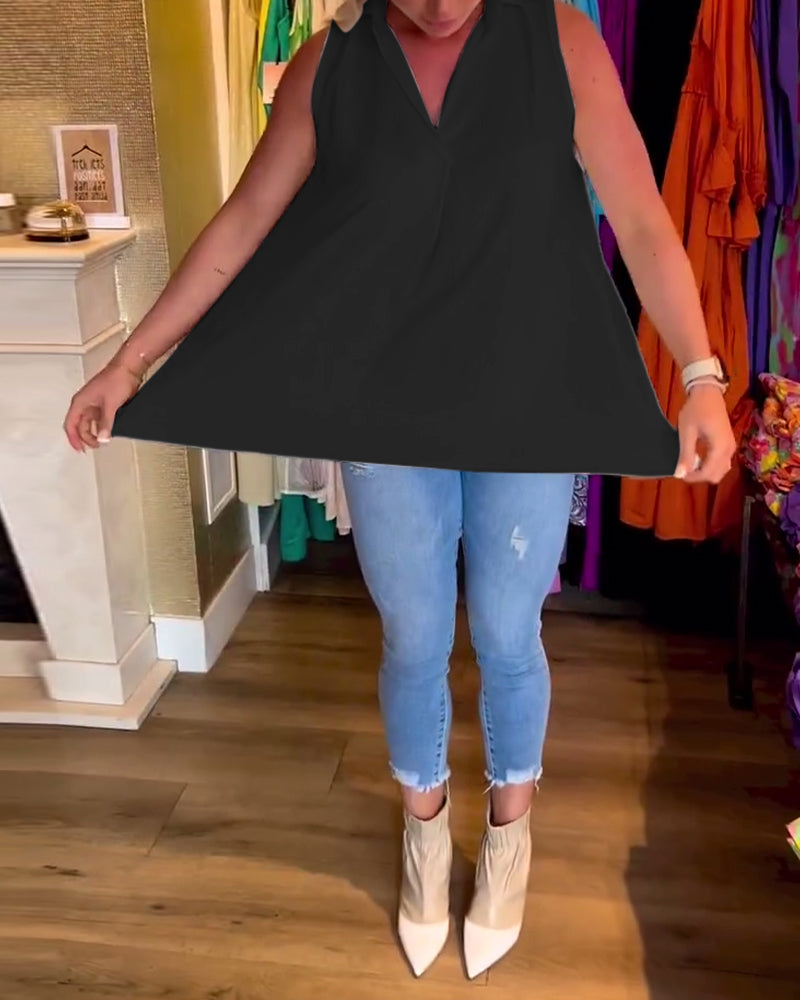 Blusa Sin Mangas Con Volantes y Cuello Solapa