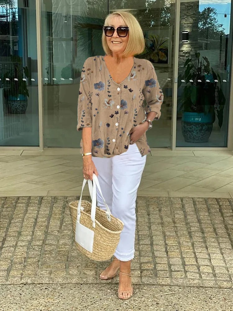 Blusa Donna a Fiori con Scollo a V e Maniche 3/4