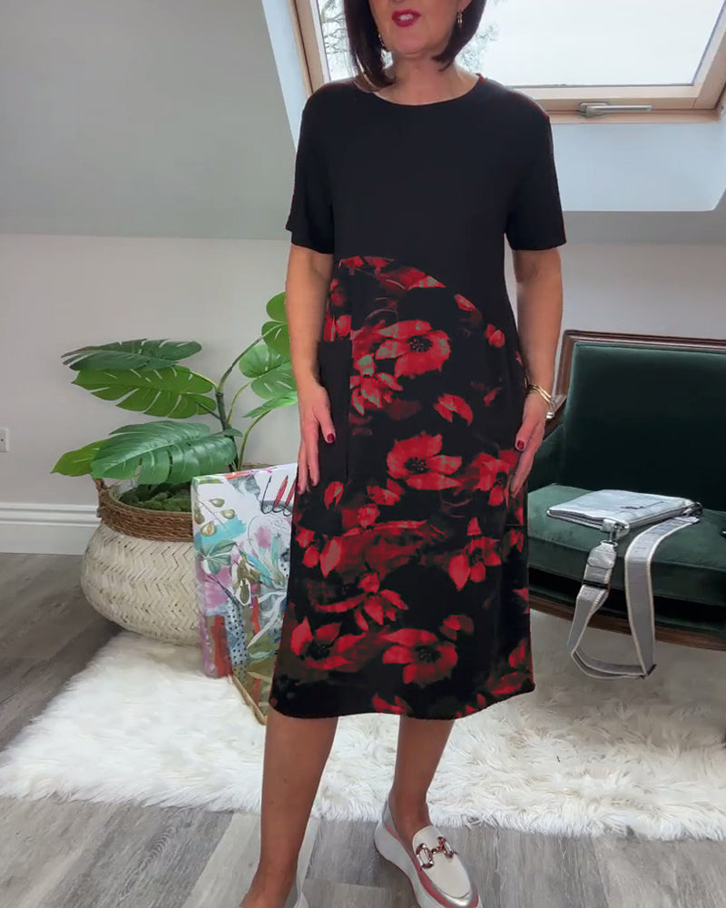 Vestido Patchwork con Flores y Cuello Redondo