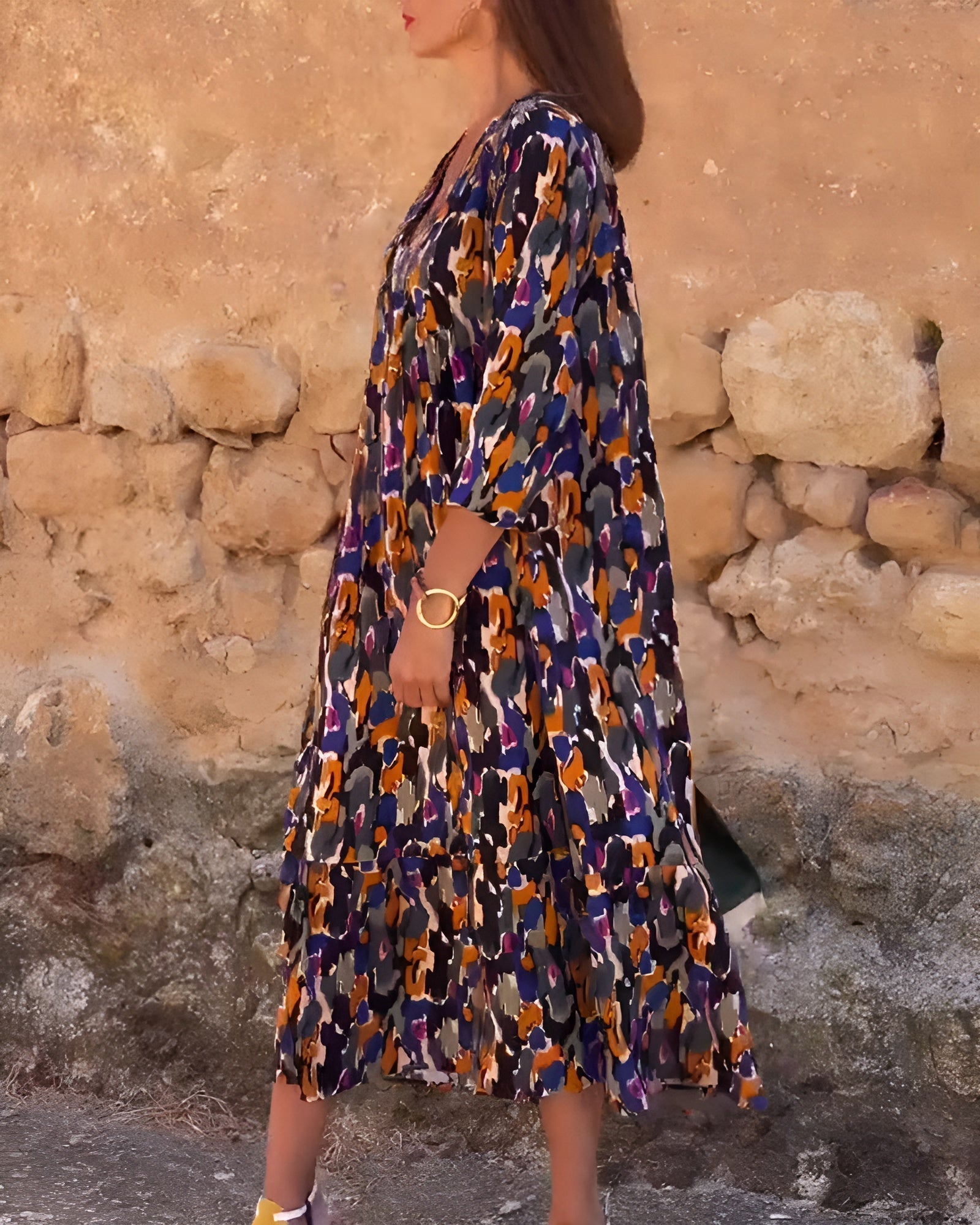 Vestido Con Cuello En V Estampado Retro Fluido