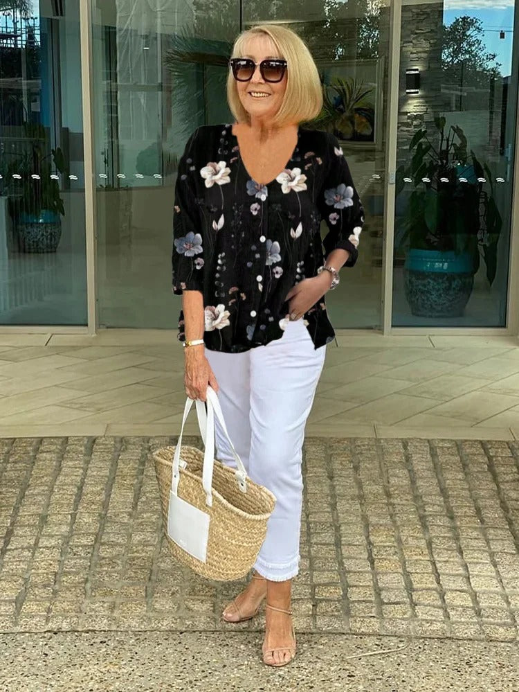 Blusa Donna a Fiori con Scollo a V e Maniche 3/4