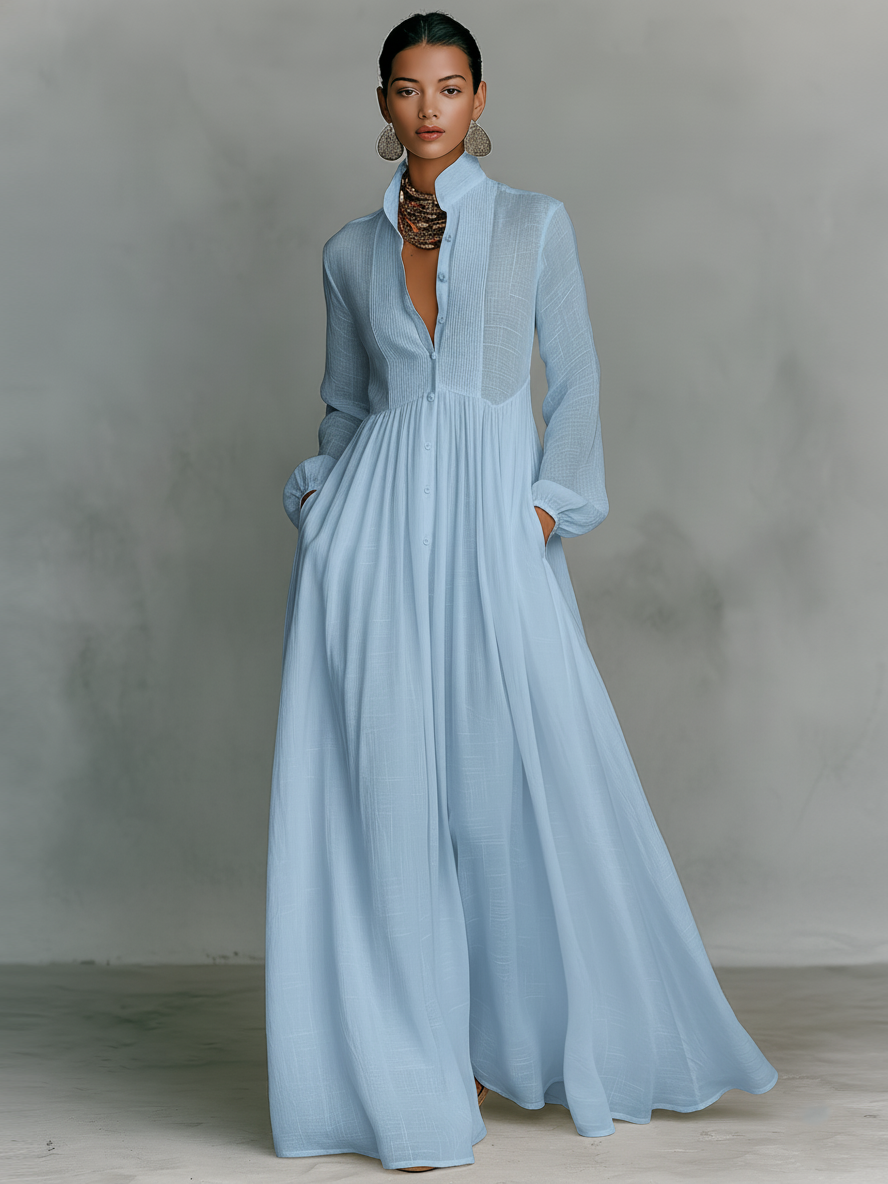 Vestito Maxi Cotone E Lino Con Collo Alto Minimal