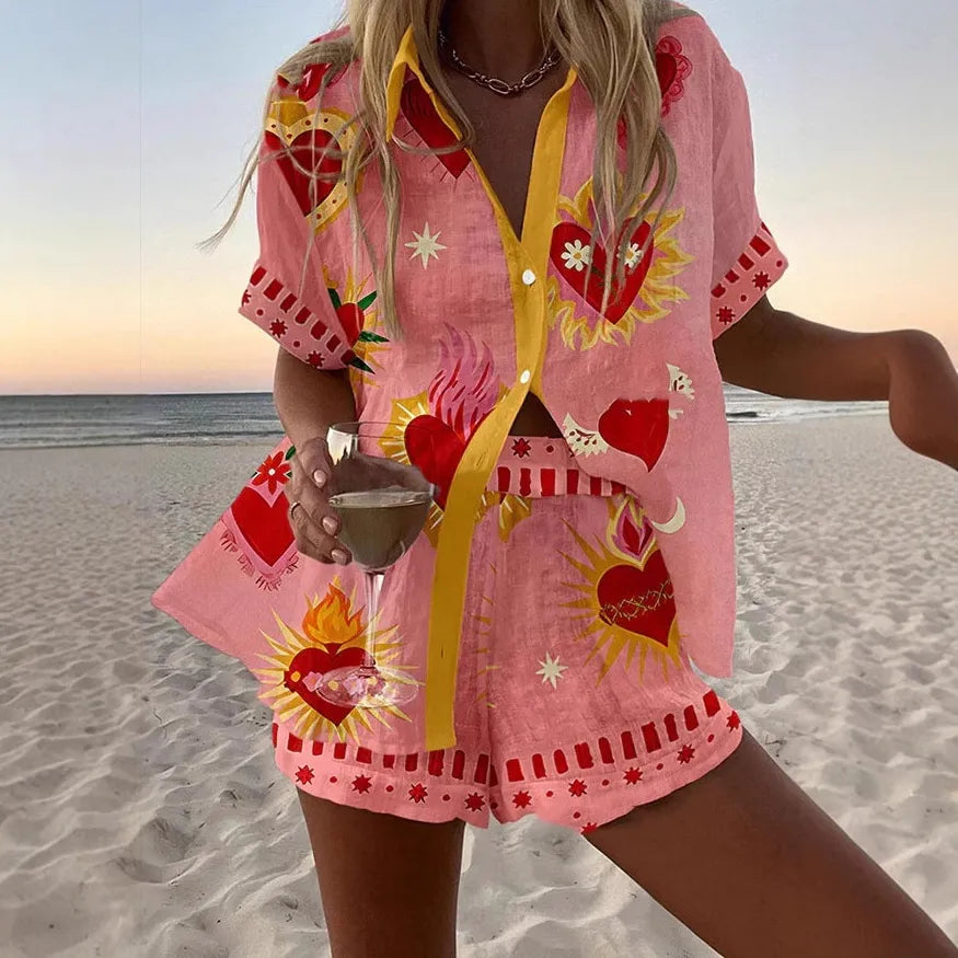 Completo Donna Lino Cotone T-Shirt e Shorts Casual