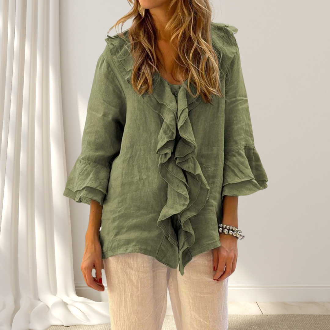 Blusa Lino Cotone con Volants Manica 3/4 Elegante