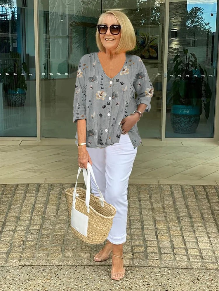 Blusa Donna a Fiori con Scollo a V e Maniche 3/4