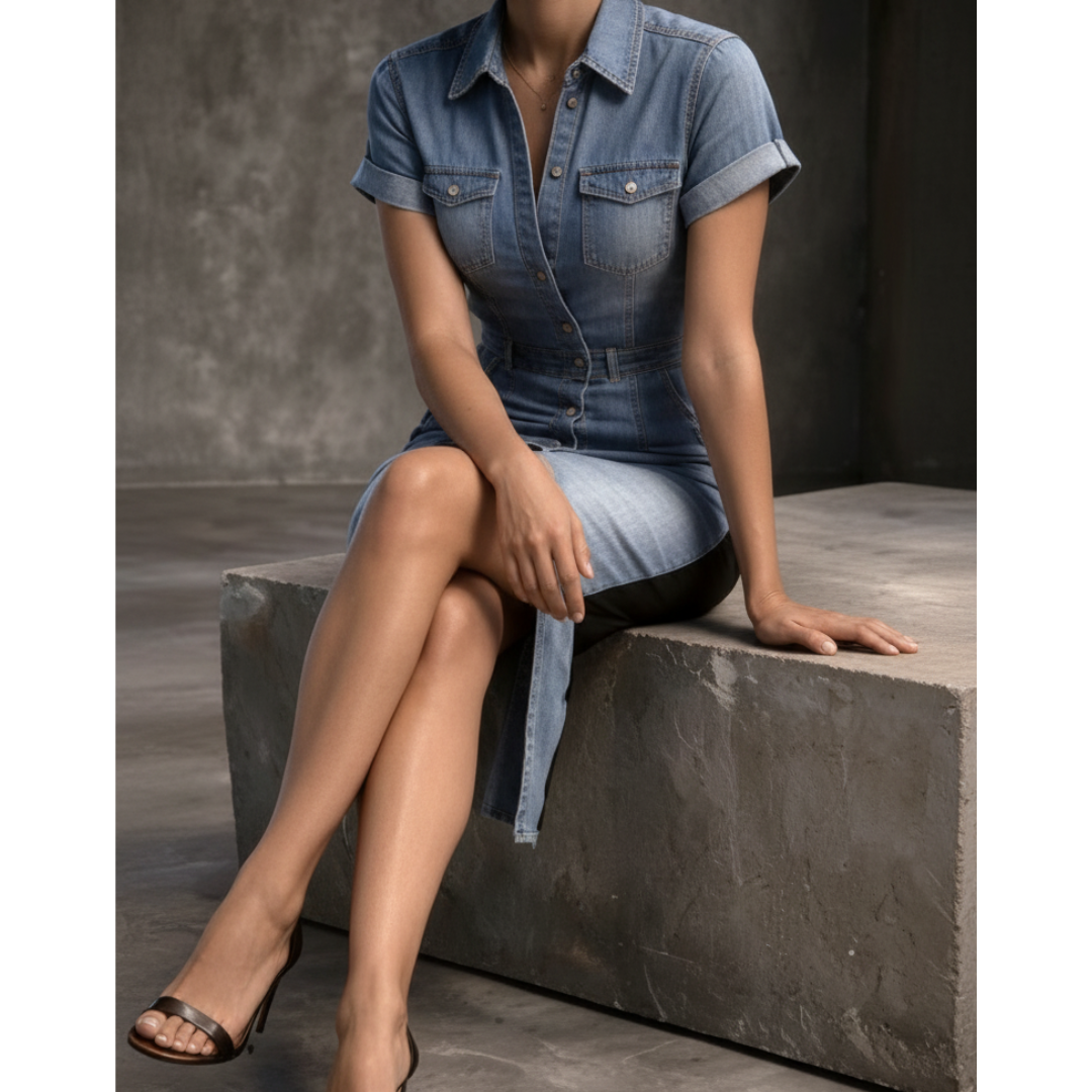 Vestito Denim Midi Slim con Pannelli Laterali