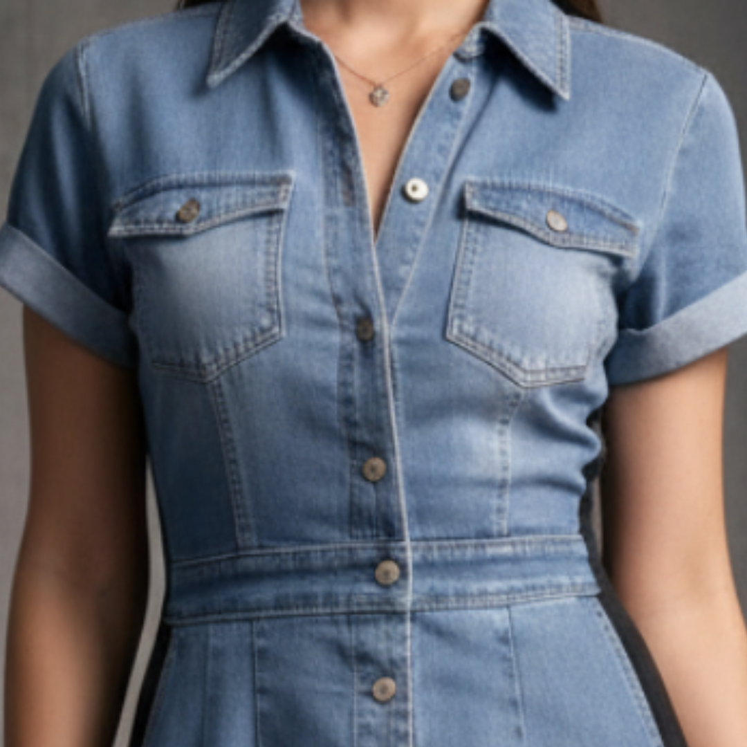 Vestito Denim Midi Slim con Pannelli Laterali