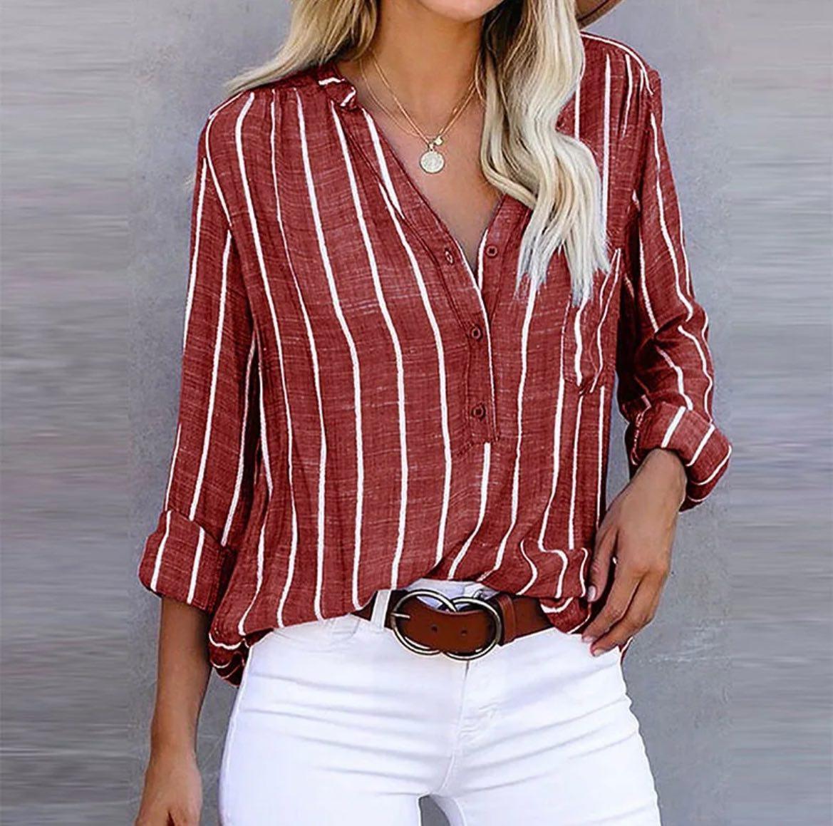 Blusa De Mujer A Rayas Elegante De Corte Recto