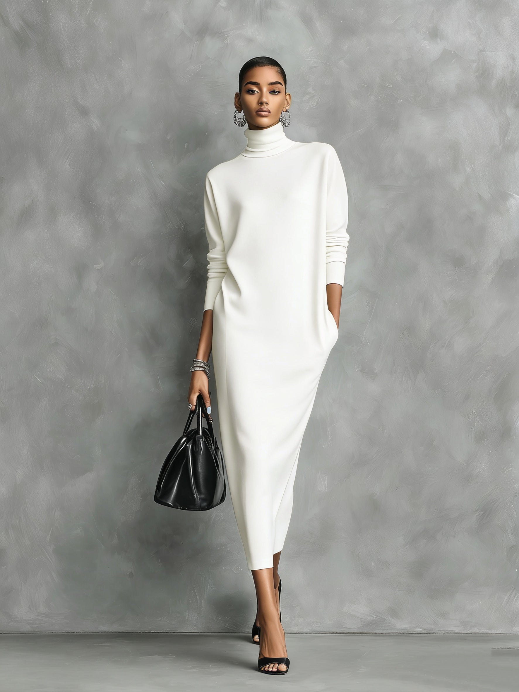 Vestito Midi In Maglia Con Collo Alto E Maniche Lunghe