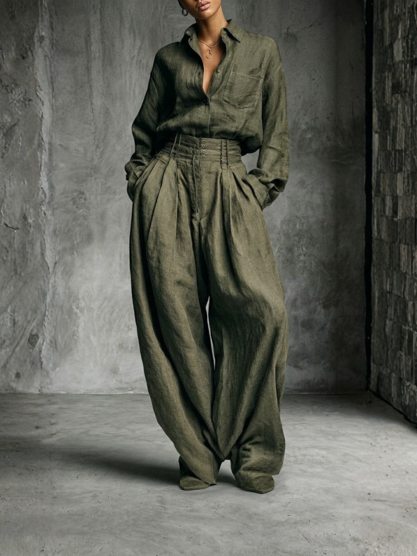 Completo Donna Lino E Cotone Camicia E Pantaloni Larghi