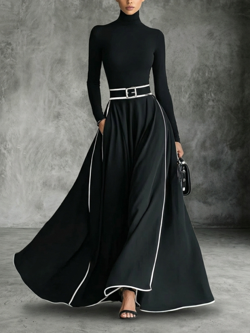 Vestito Lungo Nero Aderente Collo Alto Cuciture A Vista