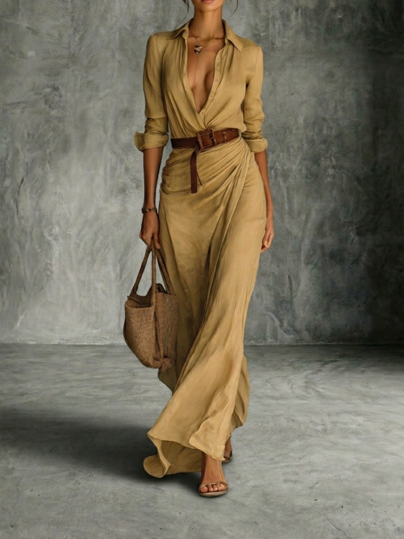 Vestito Maxi Elegante Donna con Colletto e Cintura