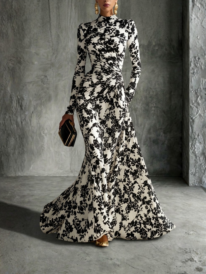 Vestito Maxi Elegante a Fiori Collo Alto Maniche Lunghe