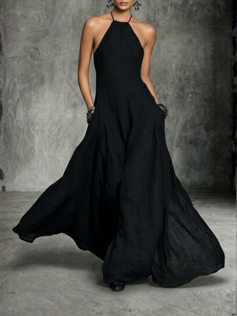 Vestito Lungo Minimalista In Lino Senza Maniche