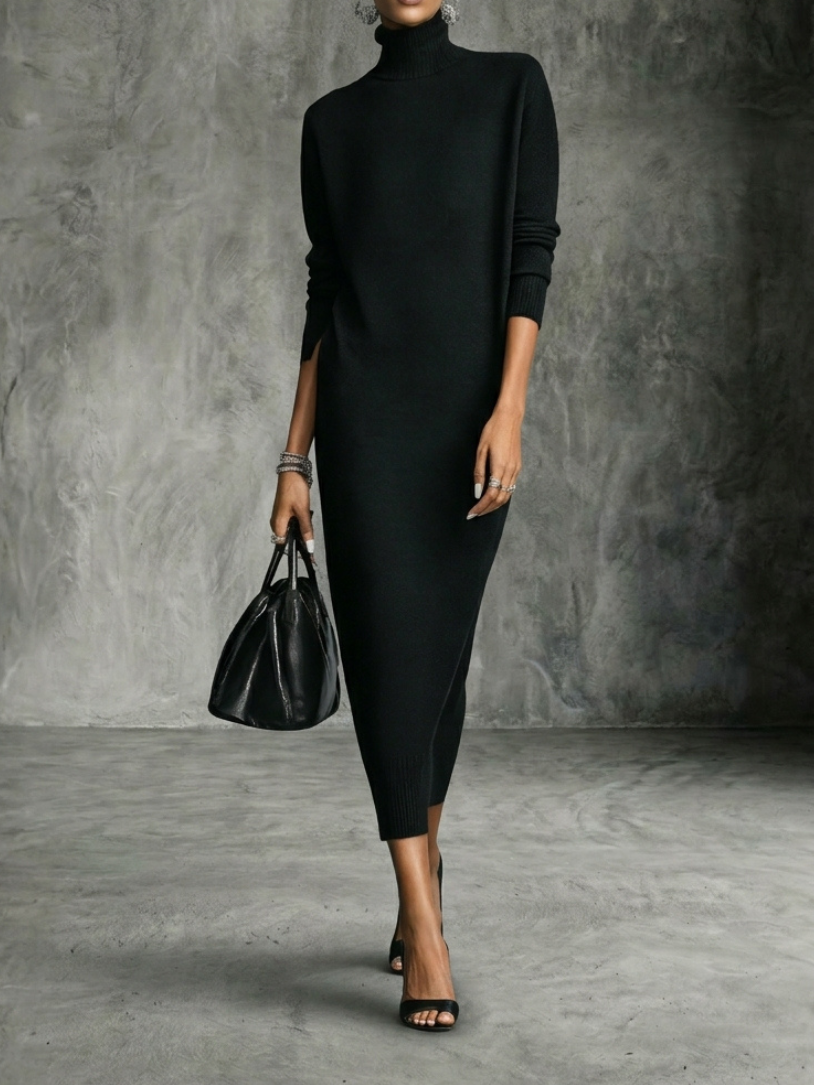 Vestito Midi In Maglia Con Collo Alto E Maniche Lunghe