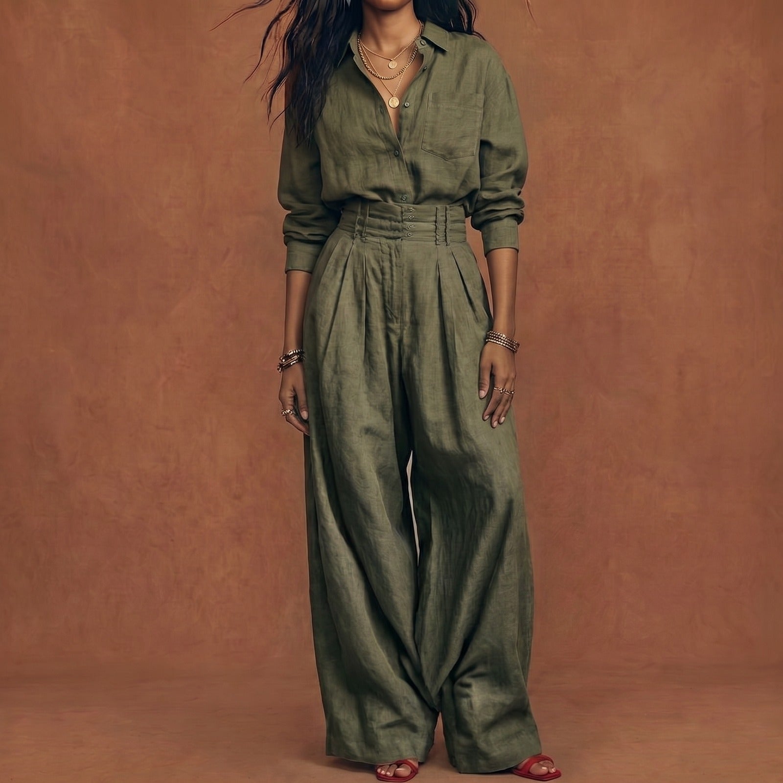 Completo Donna Lino E Cotone Camicia E Pantaloni Larghi