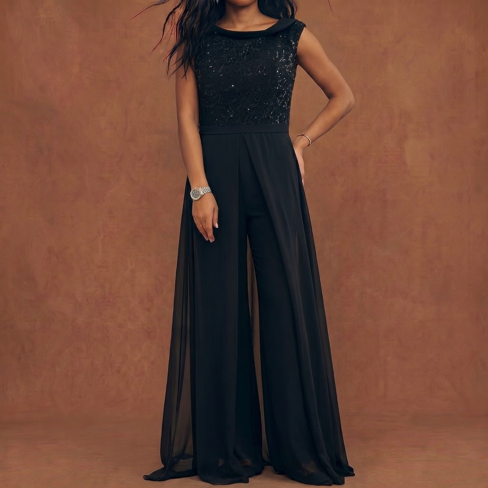 Jumpsuit Elegante Nero Con Gonna In Chiffon Sovrapposta