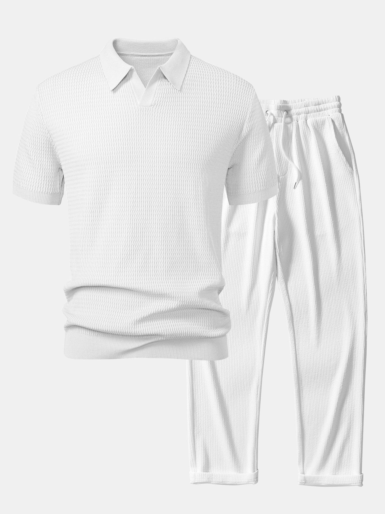 Completo Maglia Jacquard con Polo a V e Pantaloni