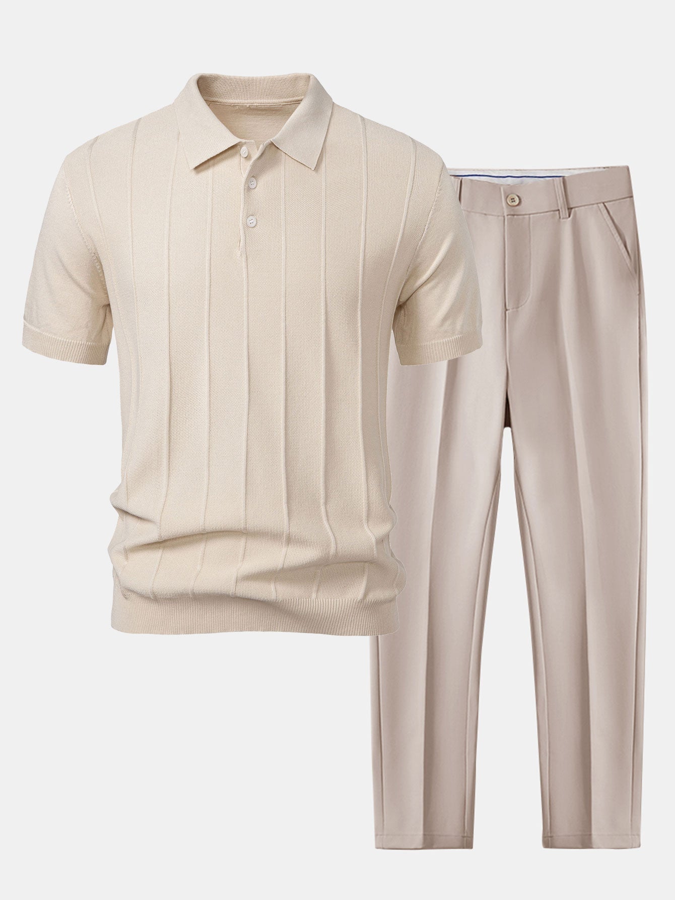 Completo Polo in Maglia Jacquard a Righe e Pantaloni Slim