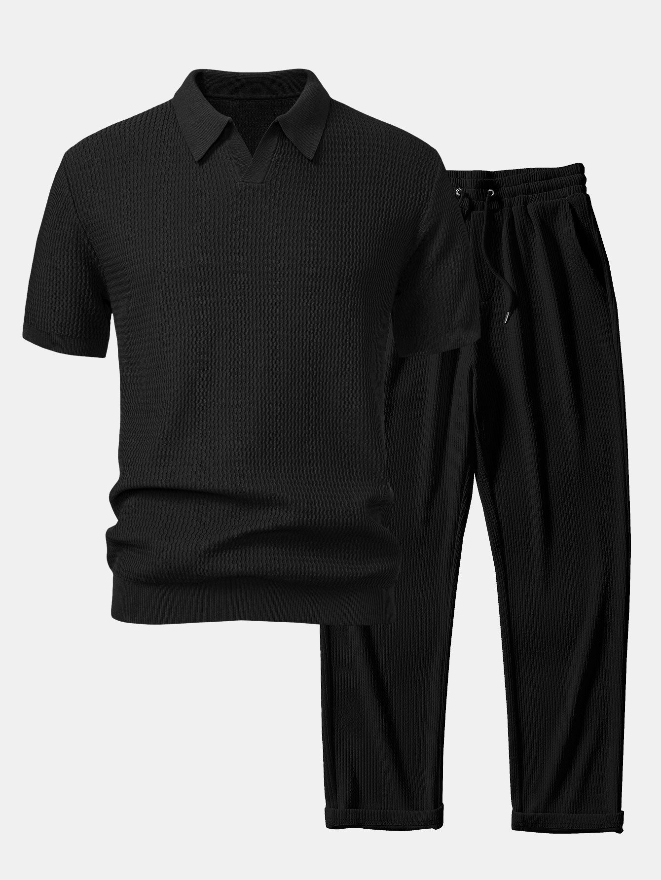 Completo Maglia Jacquard con Polo a V e Pantaloni