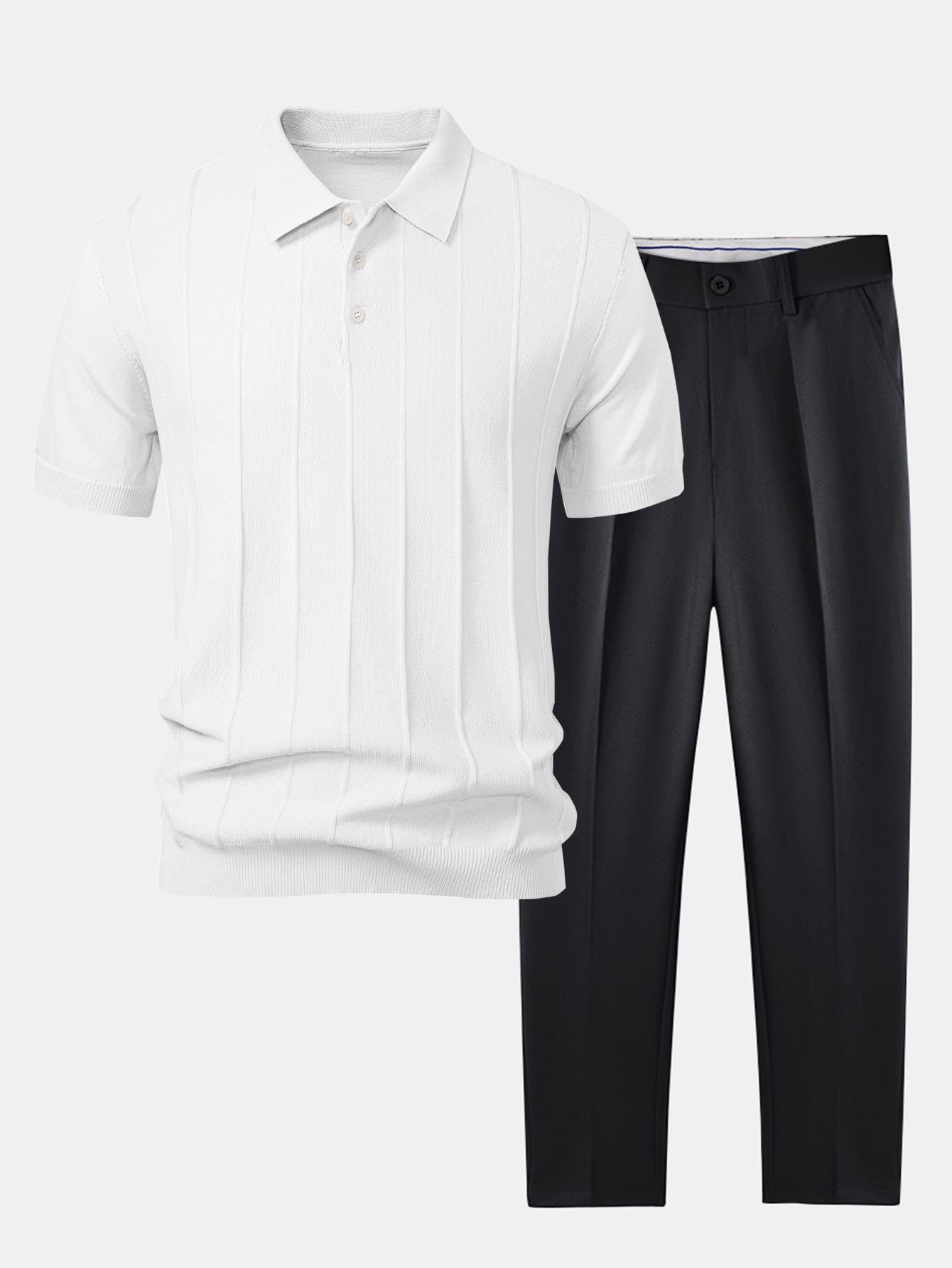 Completo Polo in Maglia Jacquard a Righe e Pantaloni Slim