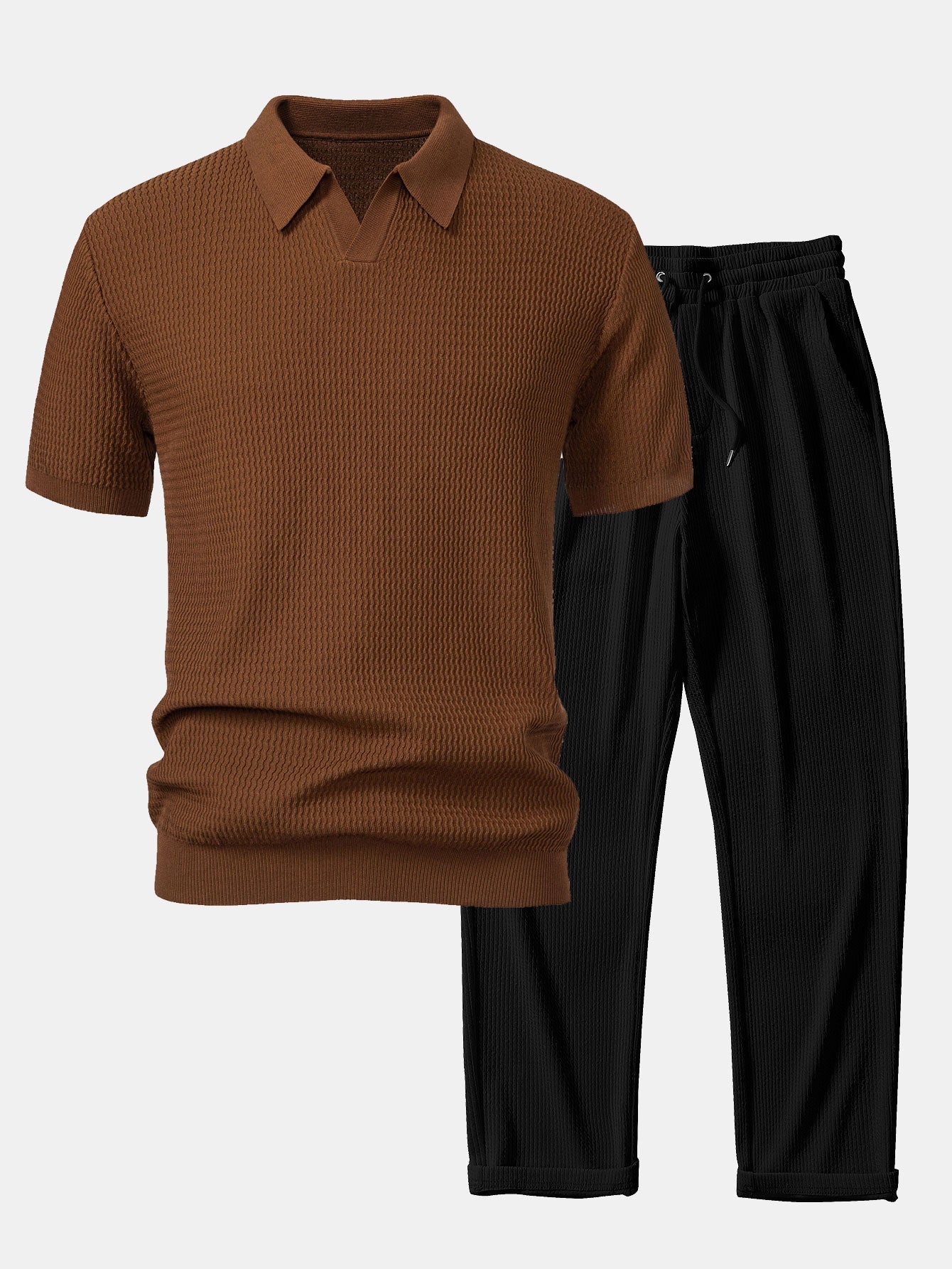 Completo Maglia Jacquard con Polo a V e Pantaloni