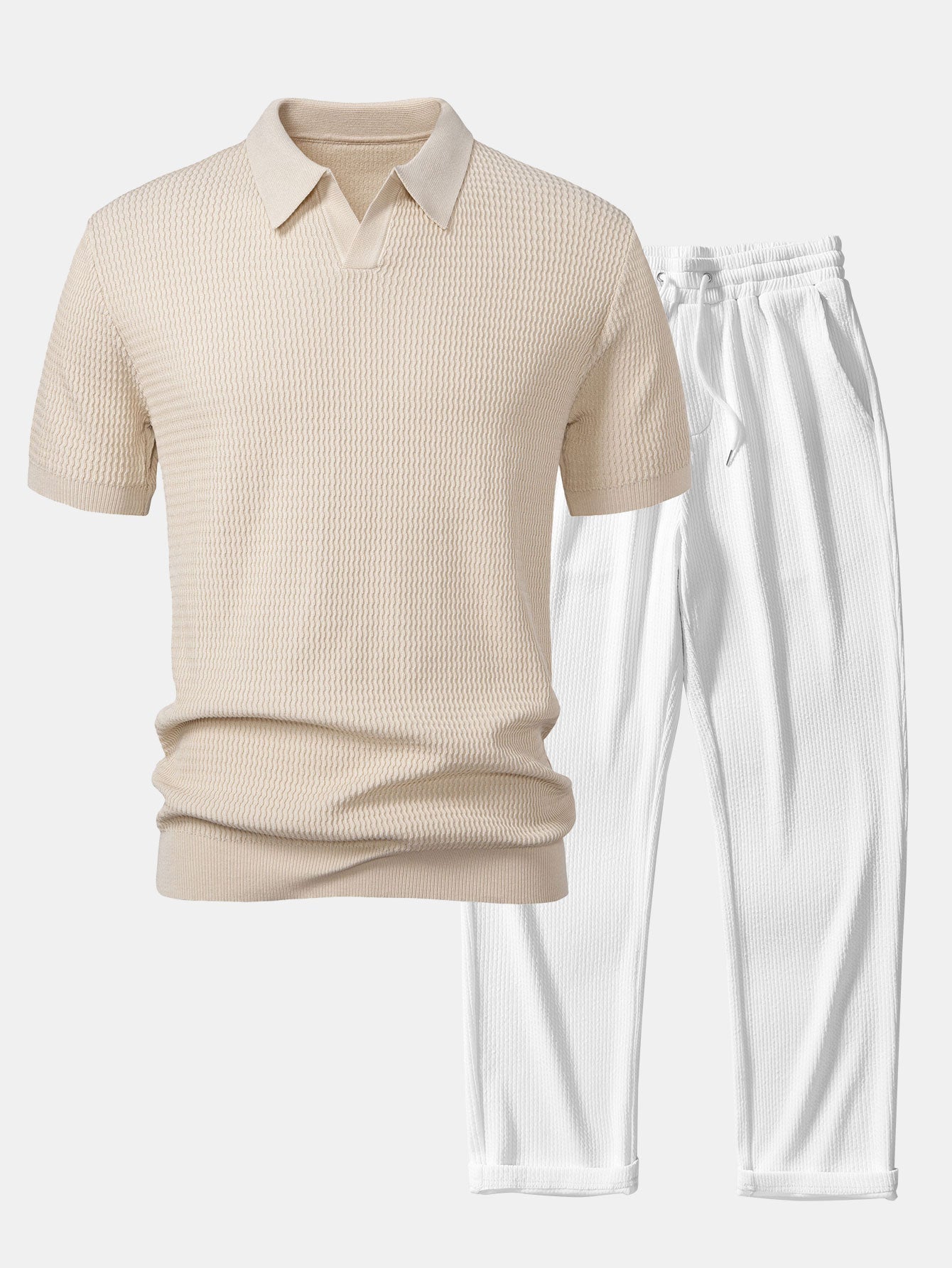 Completo Maglia Jacquard con Polo a V e Pantaloni