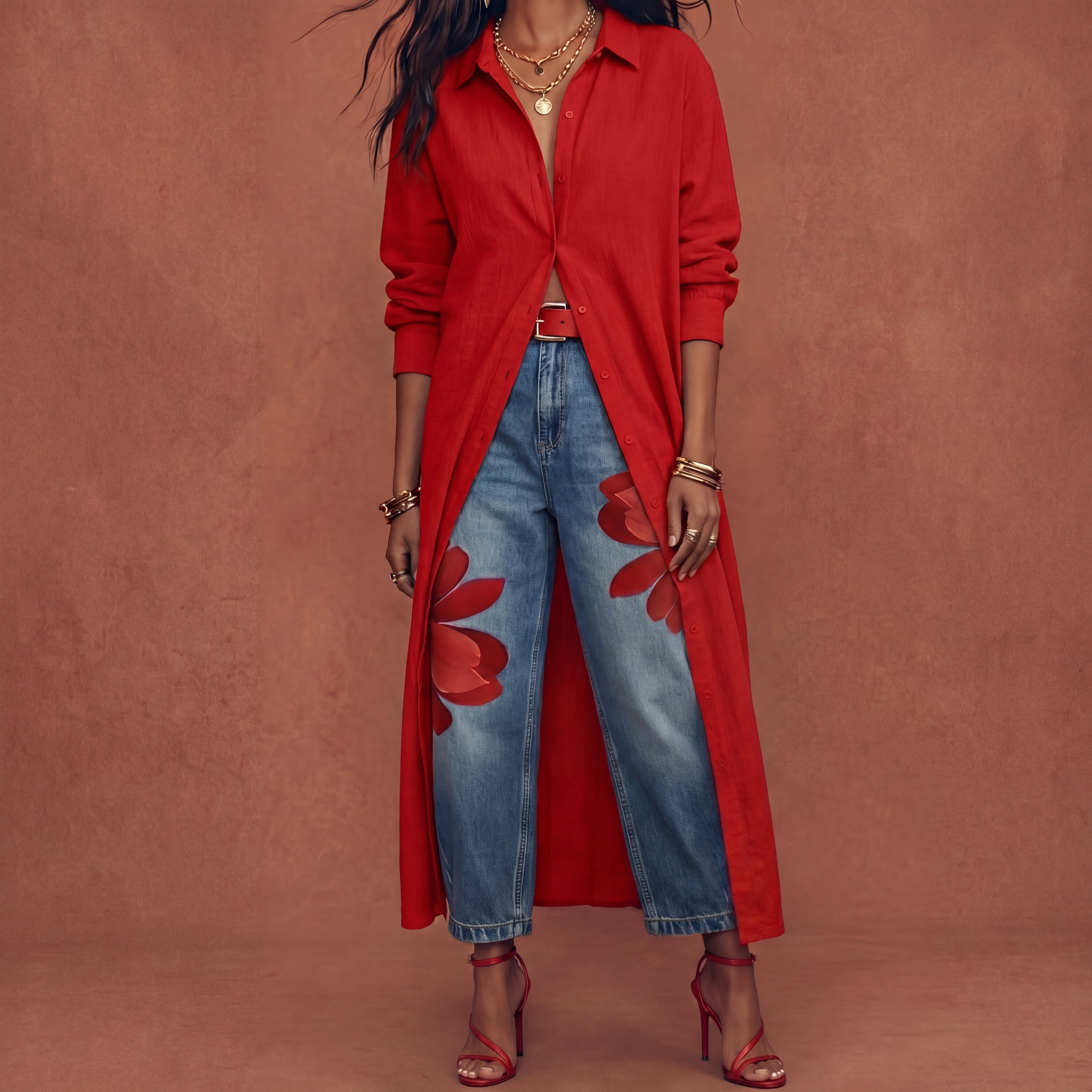 Completo Abito Camicia Rosso e Jeans Larghi Floreali