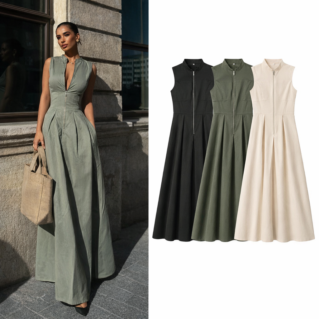 Abito Aderente con Zip e Gonna Svasata Elegante