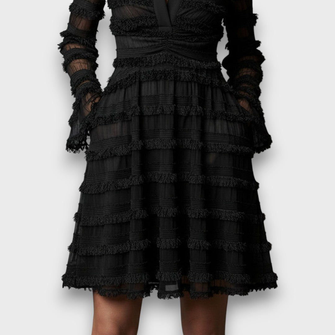 Vestito Midi Nero con Frange e Strati Velati