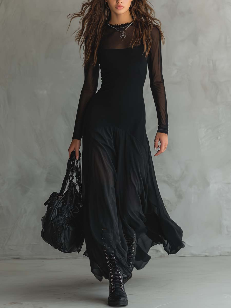 Abito Maxi In Tulle Nero Vintage Con Maniche Velate