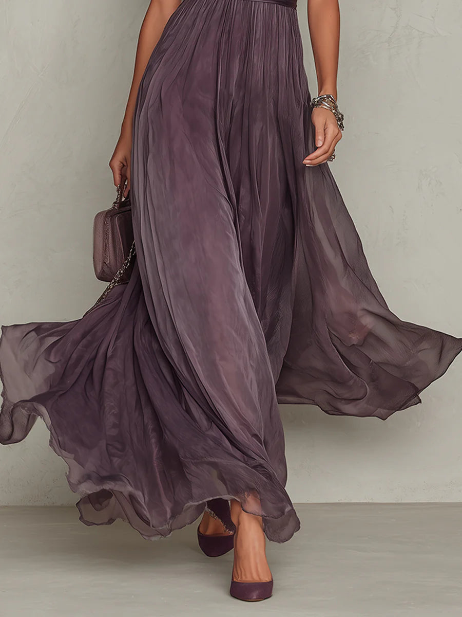 Vestito Lungo In Chiffon Con Pizzo E Scollo A Goccia