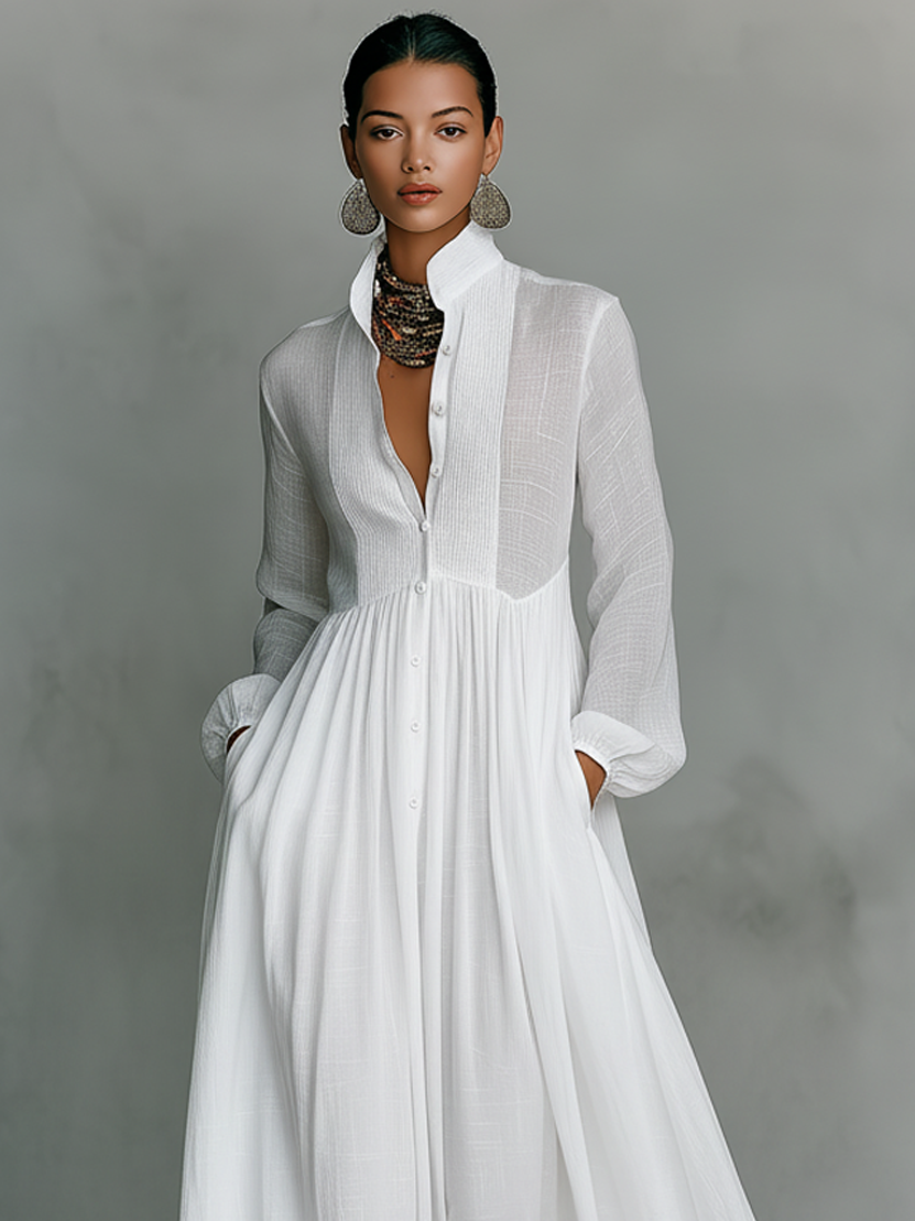 Vestito Maxi Cotone E Lino Con Collo Alto Minimal