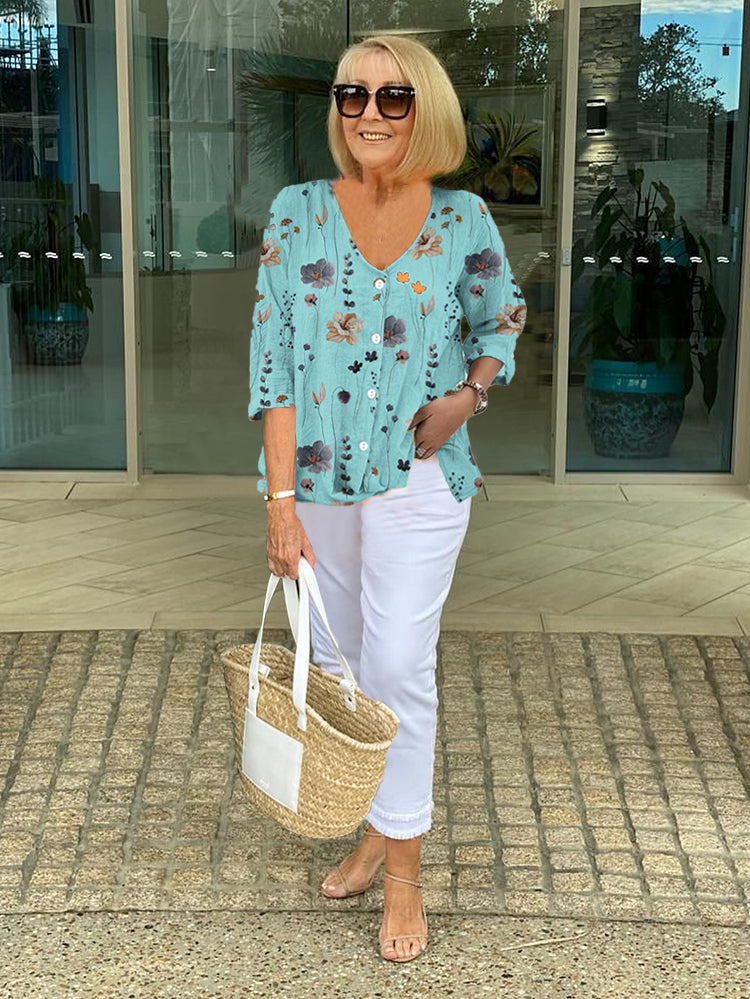 Blusa Donna a Fiori con Scollo a V e Maniche 3/4