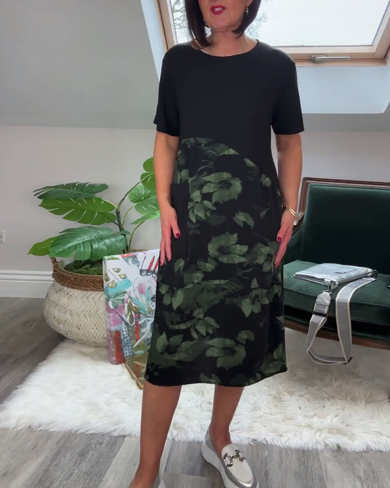 Vestido Patchwork con Flores y Cuello Redondo