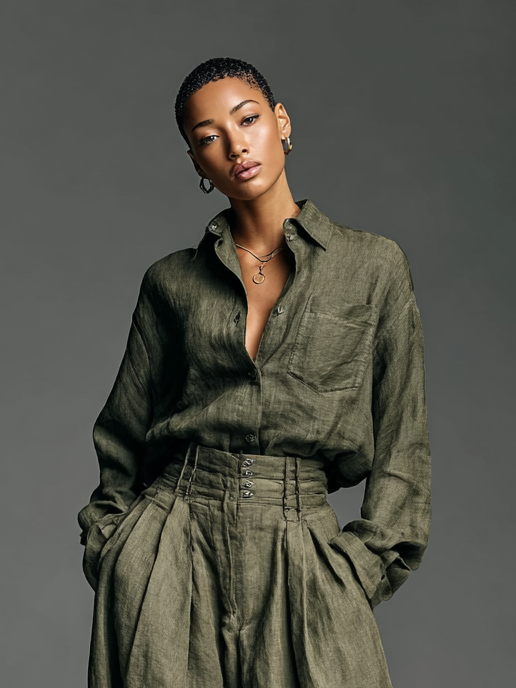 Completo Donna Lino E Cotone Camicia E Pantaloni Larghi