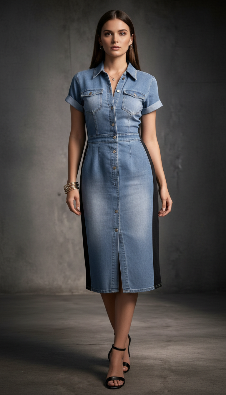 Vestito Denim Midi Slim con Pannelli Laterali