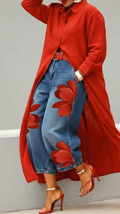 Completo Abito Camicia Rosso e Jeans Larghi Floreali